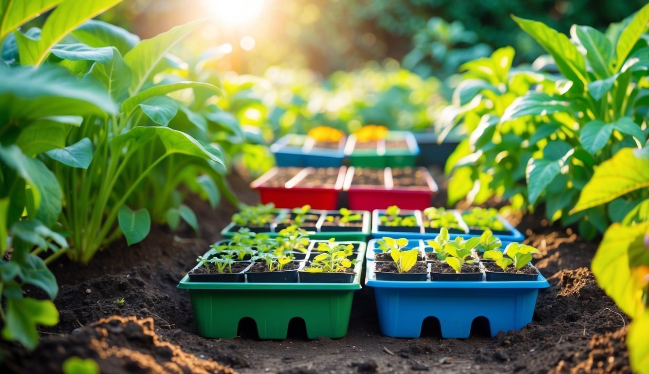 Seedlings in colorful trays in a garden, illuminated by sunlight