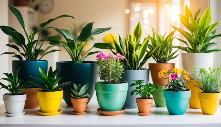 Various potted plants in colorful pots on a white surface, sunlight in background