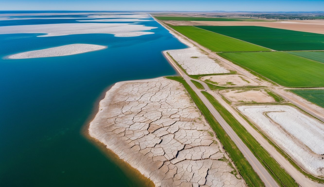 Aerial view of a lake, cracked earth, road, and green agricultural fields