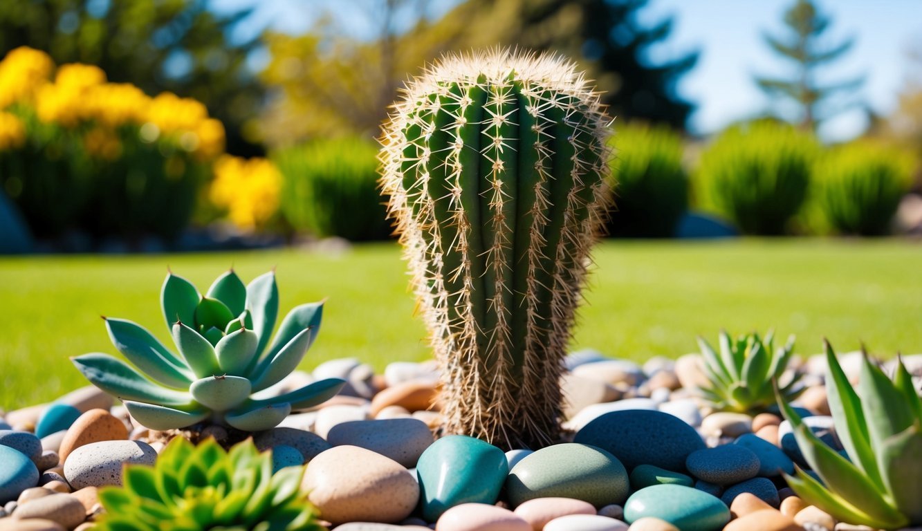 Cactus and succulents in a garden bed with colorful stones