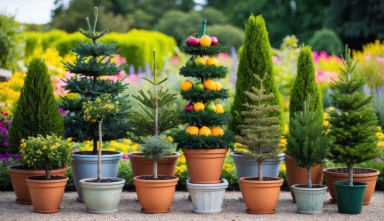 Potted trees and shrubs in a garden, one decorated with fruit