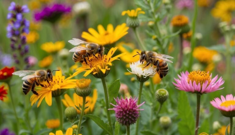Bees pollinating colorful wildflowers in a vibrant, natural meadow setting