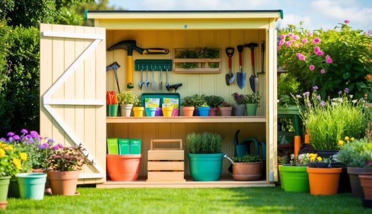 Yellow garden shed with tools and potted plants on a sunny day