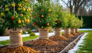 Row of fruit trees with burlap wrapped trunks, mulch, and snow
