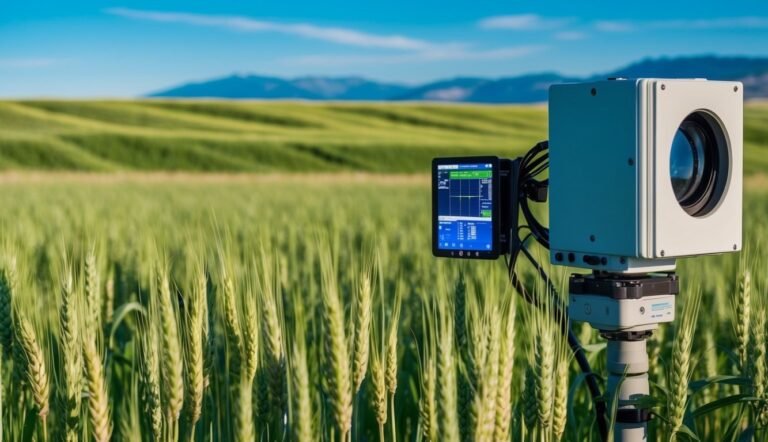 Sensor equipment in a wheat field, with a screen and mountains in background