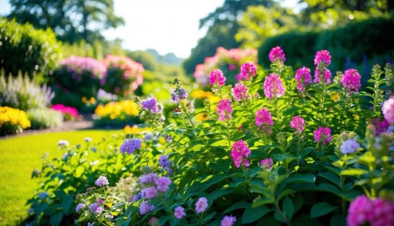 A vibrant garden path lined with colorful flowers and lush greenery