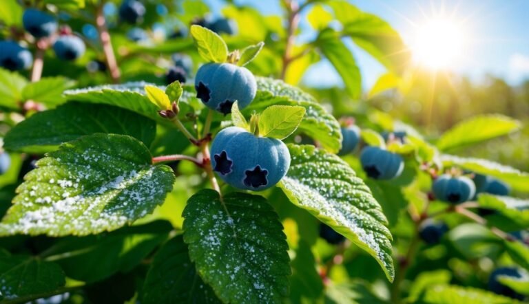 Blueberries on a bush with green leaves, sunlight shining brightly