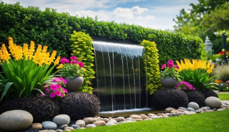 Small waterfall in a garden with colorful flowers and green foliage