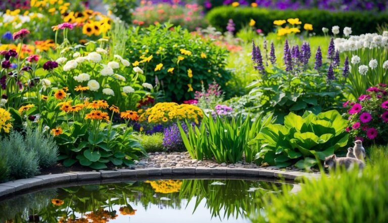 Colorful flower garden with a small pond reflecting the flowers