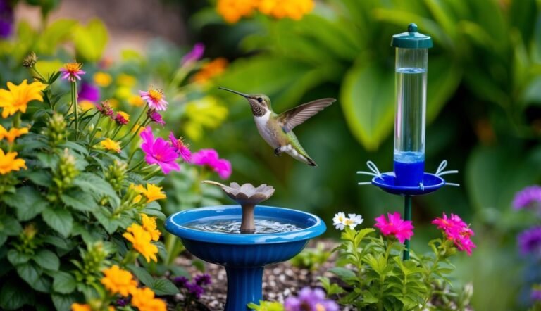 Hummingbird hovering near a bird bath and feeder, surrounded by colorful flowers