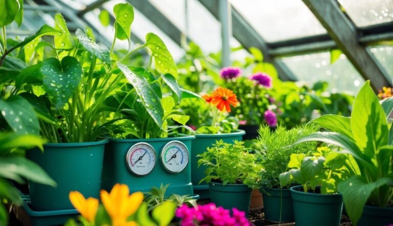 Greenhouse filled with potted plants, flowers, and temperature gauges