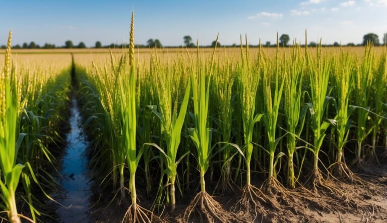 Green rice plants growing in a flooded field under a blue sky