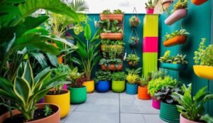Colorful urban garden with many potted plants against a teal wall