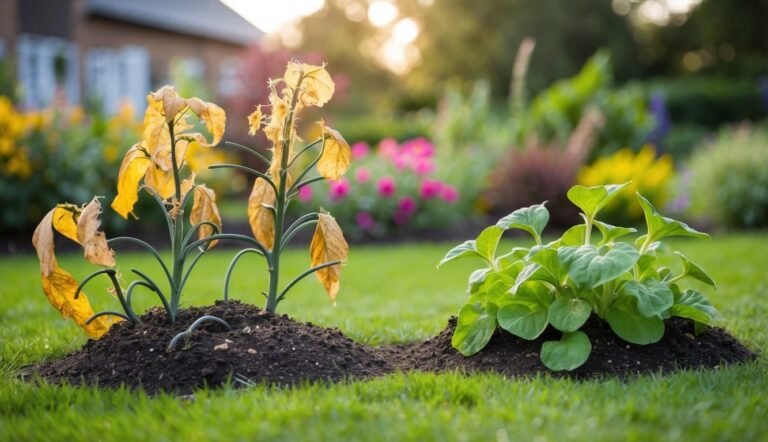 Two plants, one dying, one thriving, in a garden with colorful flowers