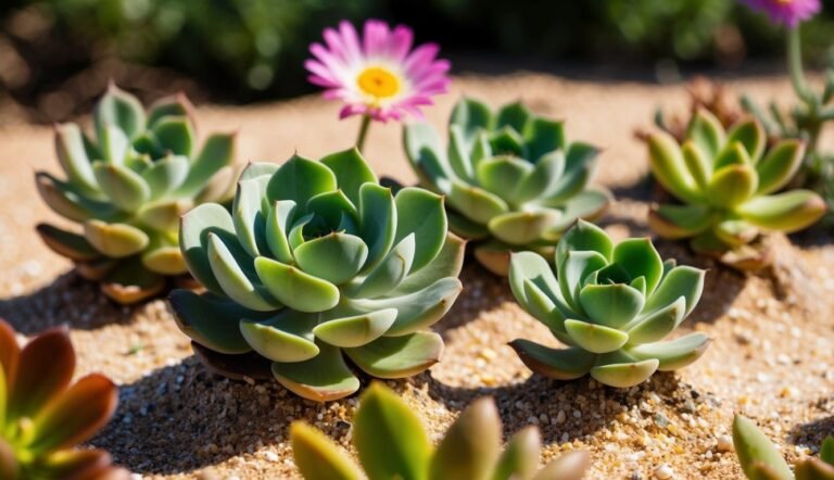 Green succulents and a pink flower growing in sandy soil