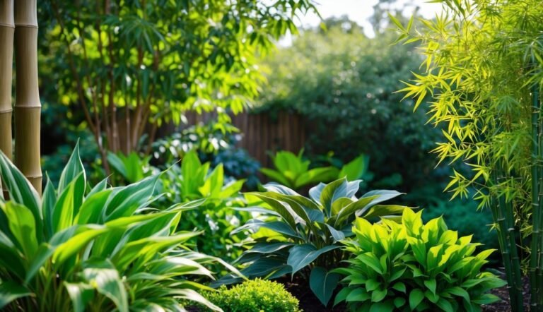 Lush green garden with bamboo, various plants, and sunlight