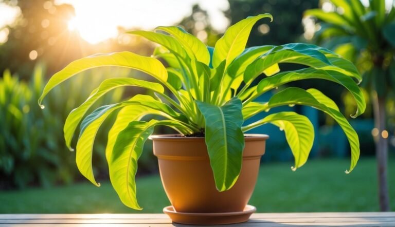Potted plant with large green leaves, lit by the sun, on a wooden surface