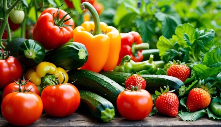 Fresh tomatoes, zucchini, bell peppers, and strawberries on a wooden surface
