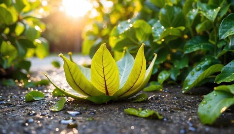 Fallen leaves arranged in a flower shape on wet pavement, sunlight in background