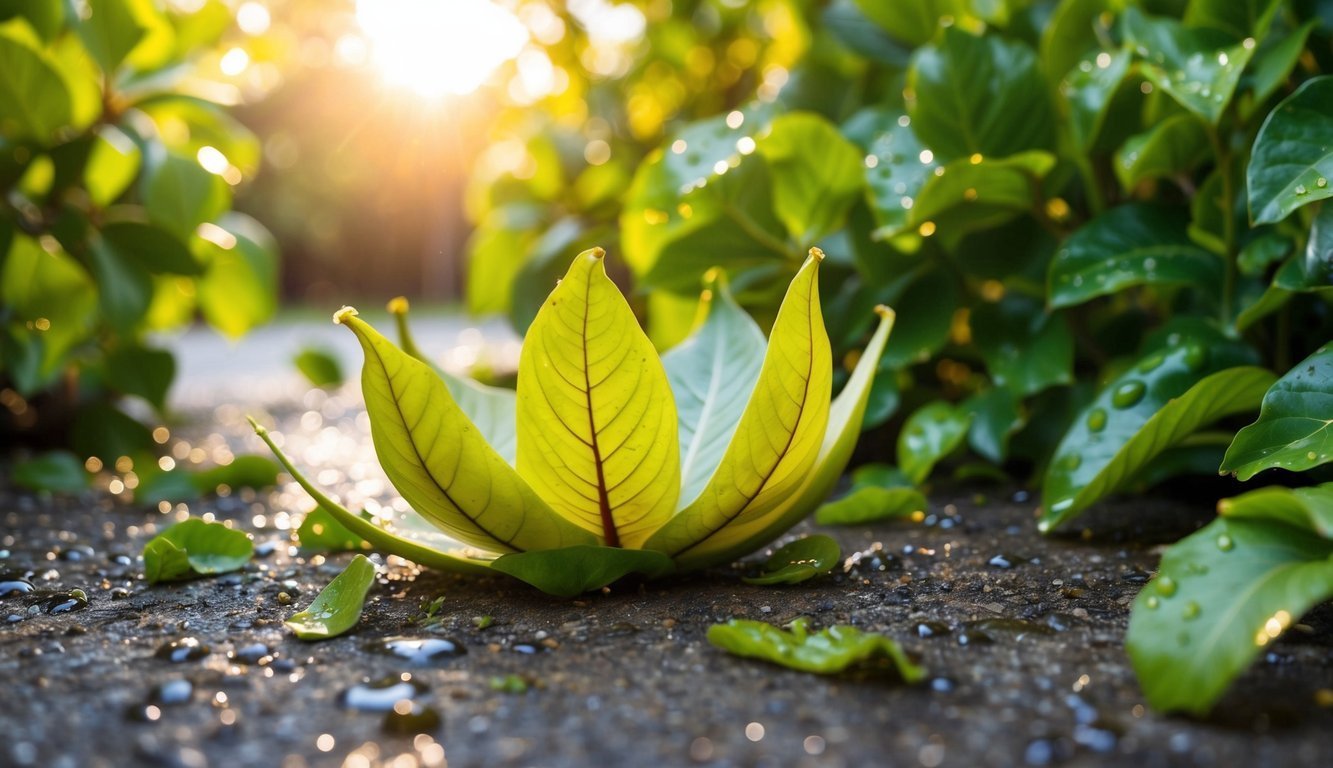 Fallen leaves arranged in a flower shape on wet pavement, sunlight in background