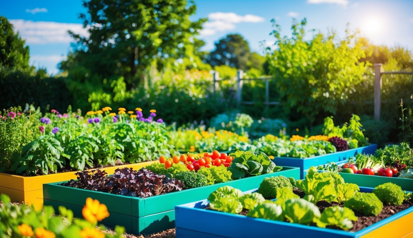 Colorful raised garden beds filled with various vegetables and flowers
