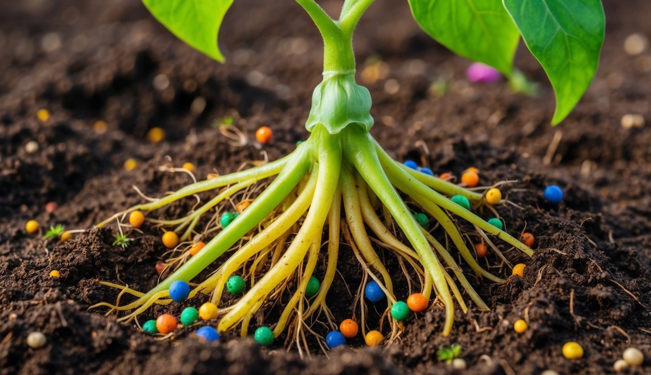 Plant roots in soil with colorful fertilizer granules