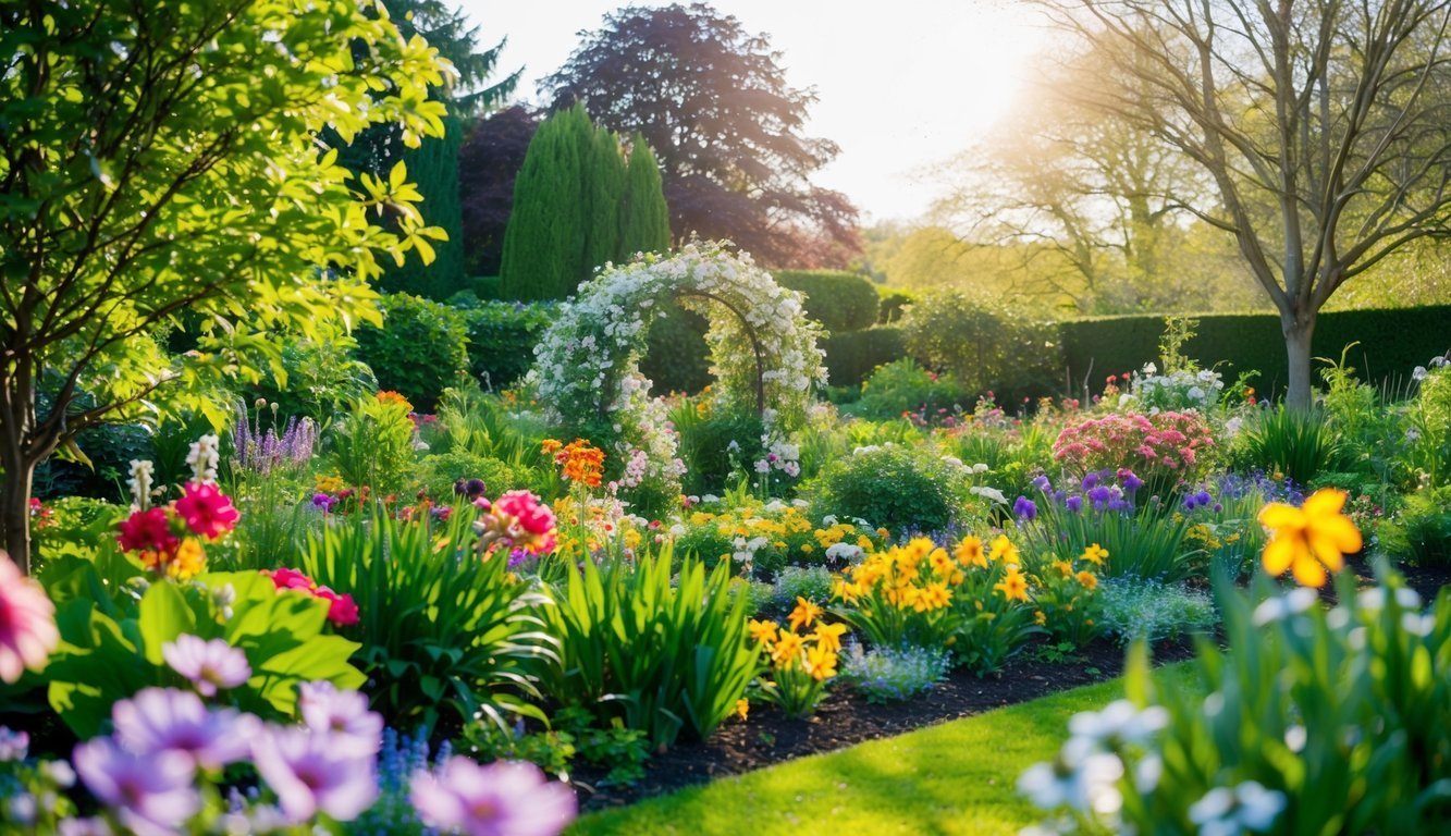 Colorful flower garden with an archway, trees, and bright sunlight