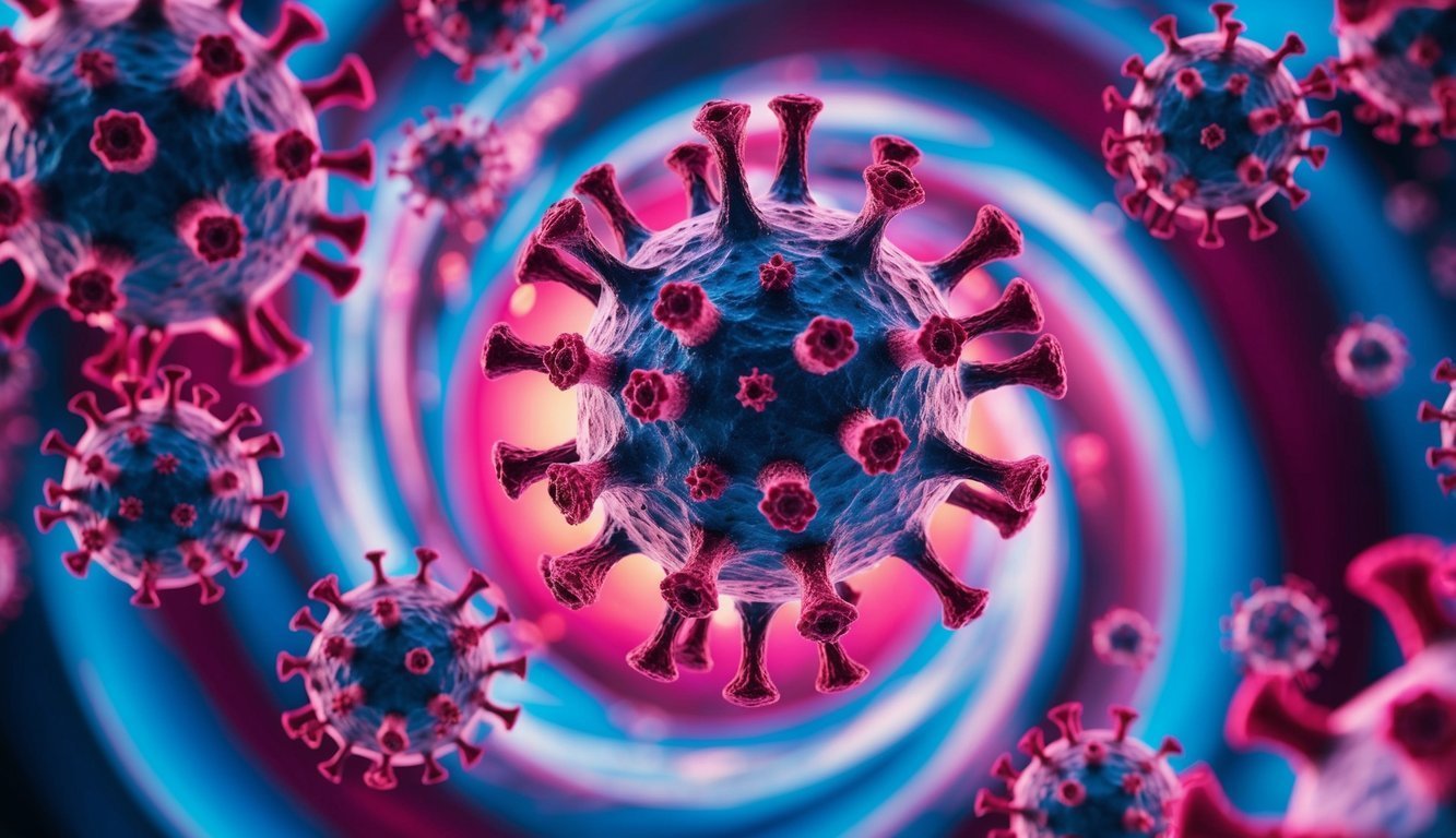 Illustration of multiple coronavirus particles with a blue and pink background