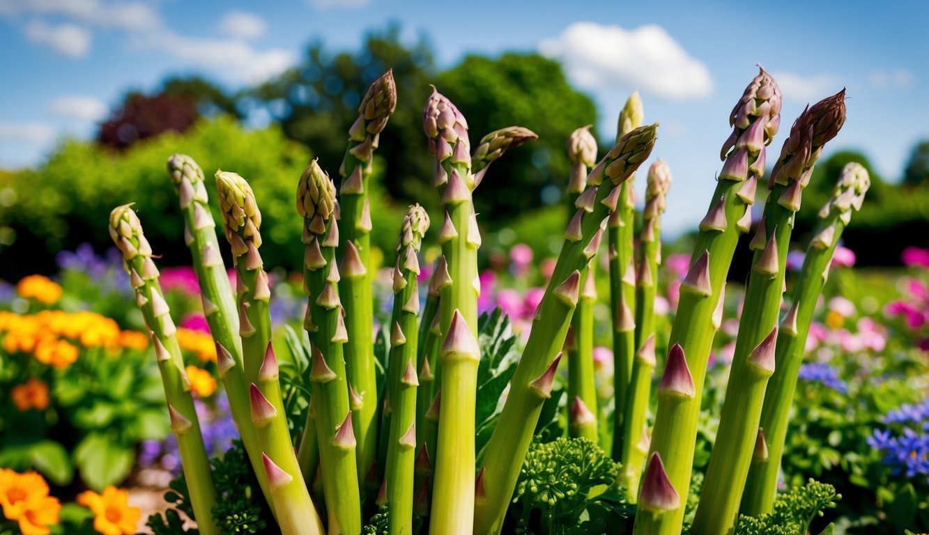 Fresh asparagus spears with purple tips in a garden setting