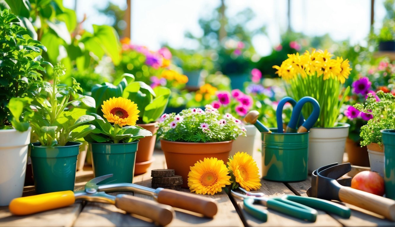 Potted flowers, gardening tools, and yellow flowers on a wooden table