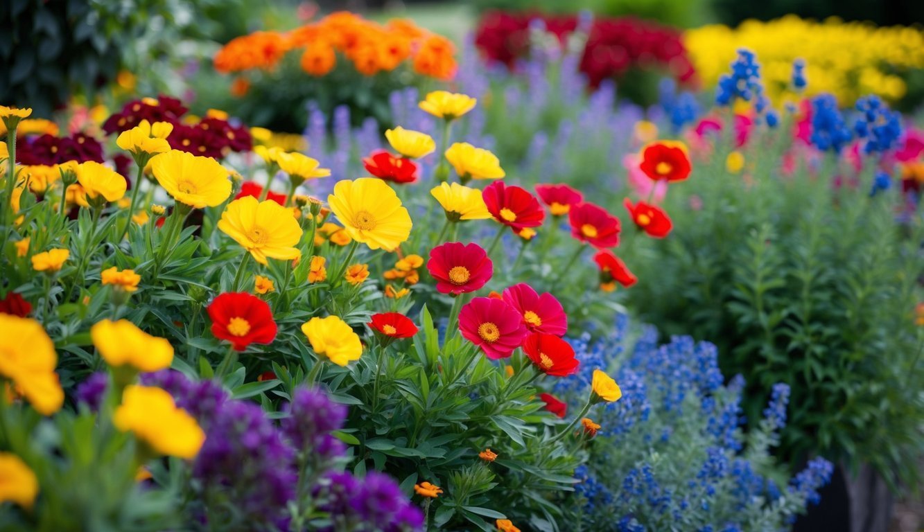 Colorful flower garden with yellow, red, purple, blue, and orange blooms