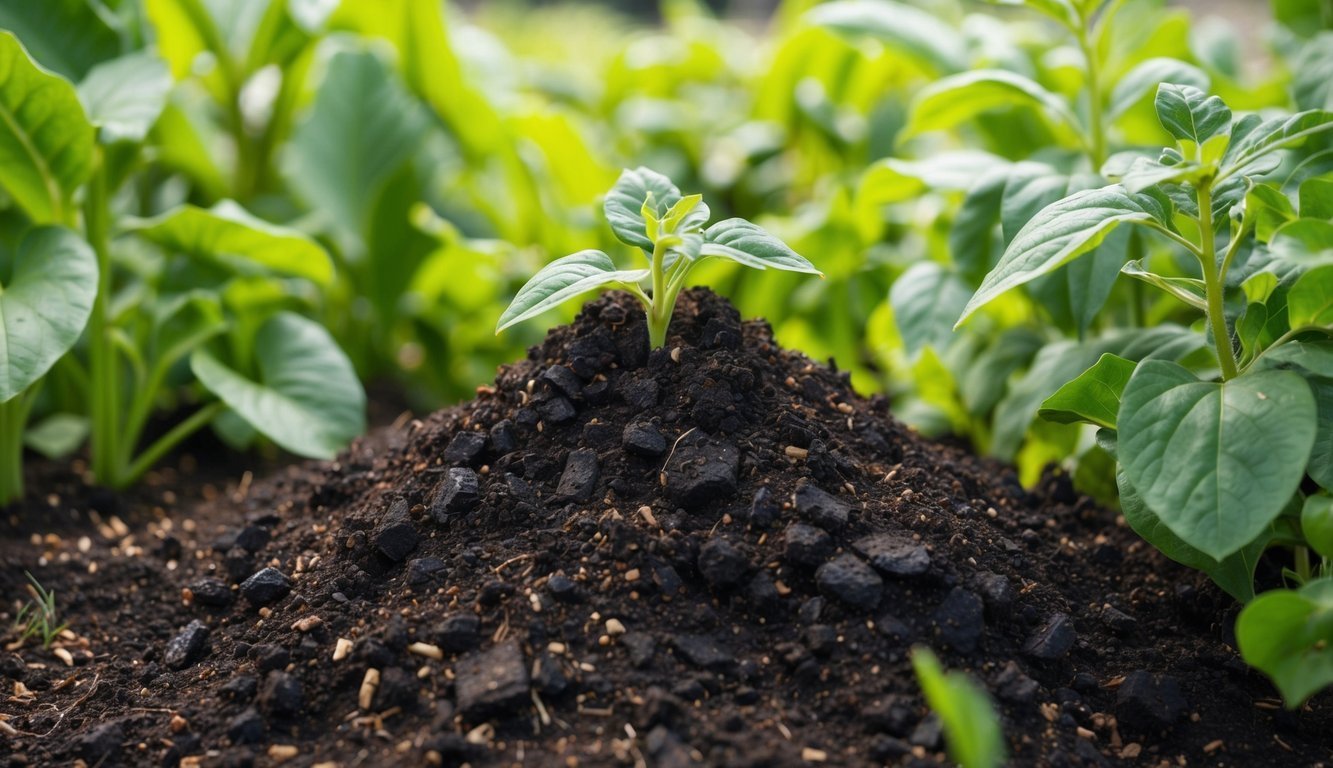 A small plant sprouting from a mound of dark soil, surrounded by greenery