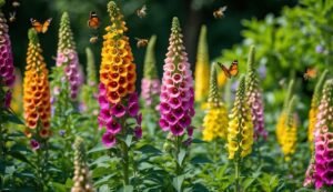 Colorful foxglove flowers with butterflies and bees in a garden