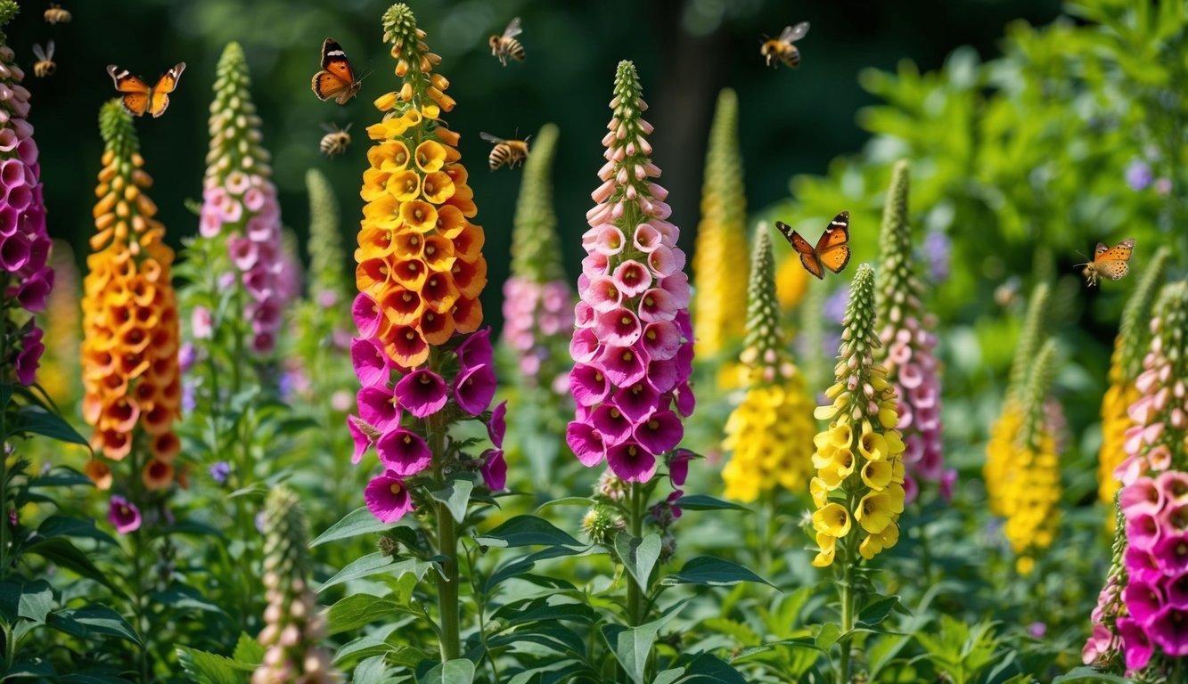 Colorful foxglove flowers with butterflies and bees in a garden