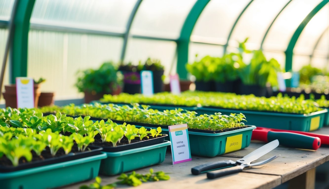 Greenhouse with rows of seedlings in trays, gardening tools on a wooden table