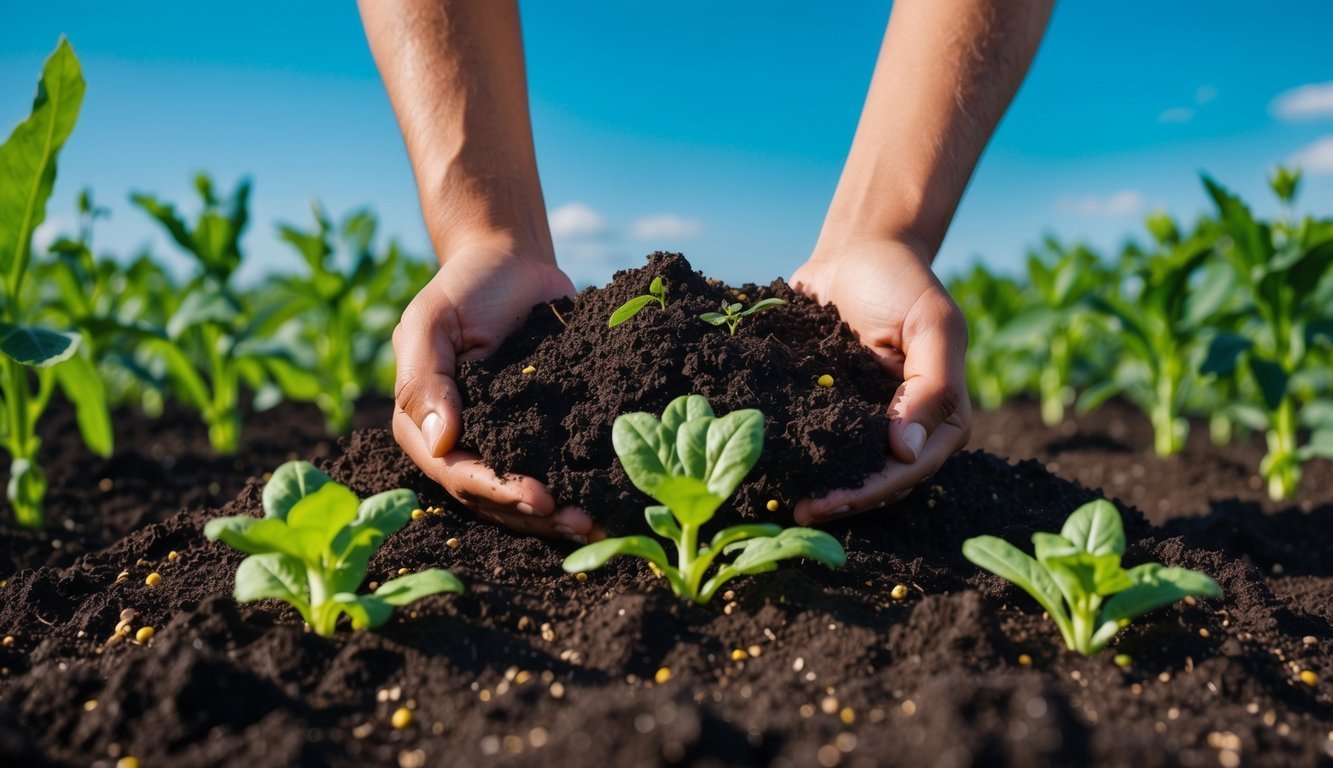 Hands holding soil over young plants in a field, blue sky background