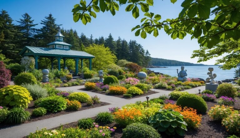 Scenic garden with gazebo, sculptures, colorful flowers, and ocean view