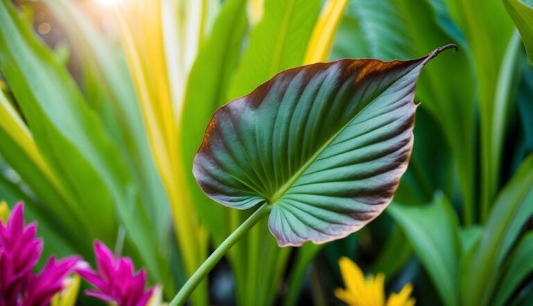 Close-up of a large green leaf with brown edges, surrounded by other plants