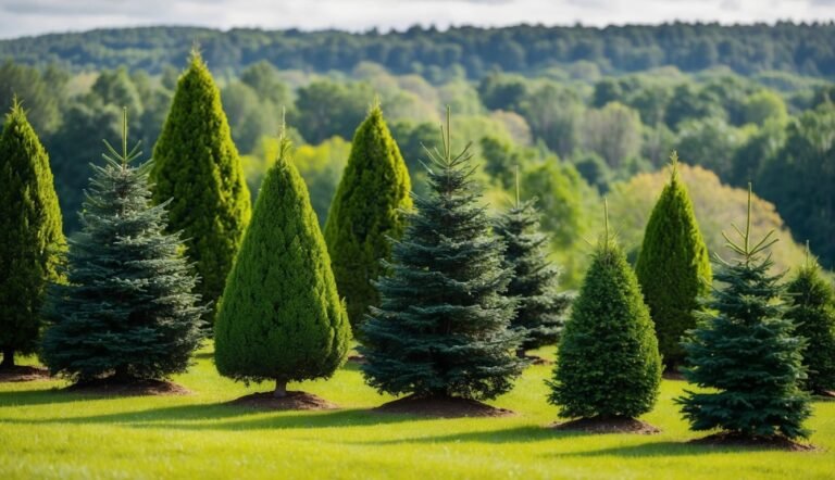 Various evergreen trees on a green lawn with a forest background