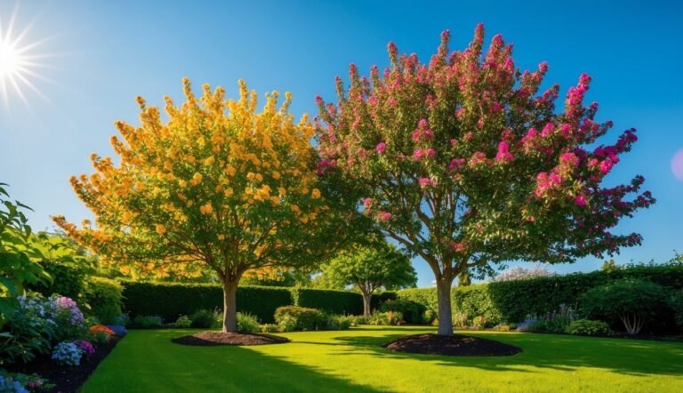 Two flowering trees, one yellow, one pink, in a sunny garden