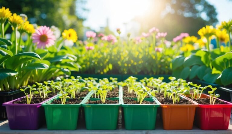 Seedlings in colorful trays with flowers in the background, sunny day