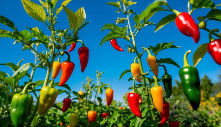 Close-up of colorful peppers growing on plants against a blue sky