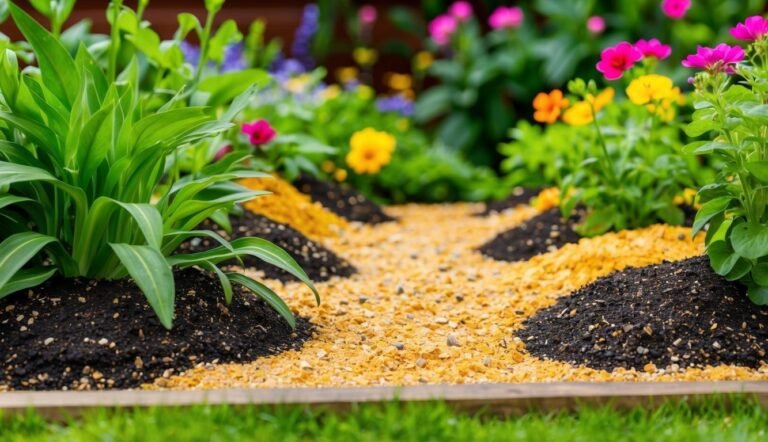 Colorful flower garden with yellow gravel path and green plants