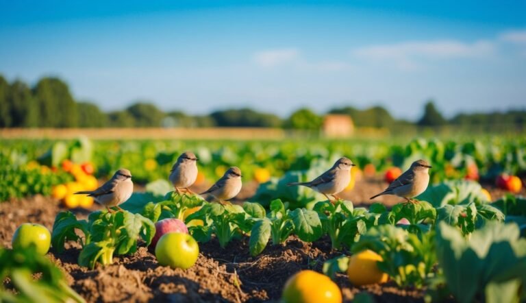 Five small birds perched on plants in a field with fruit