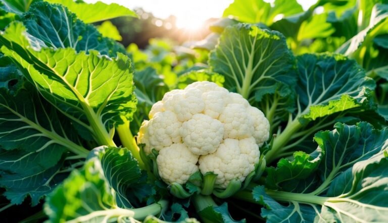 Close-up of a cauliflower head surrounded by large green leaves, sunlight shining