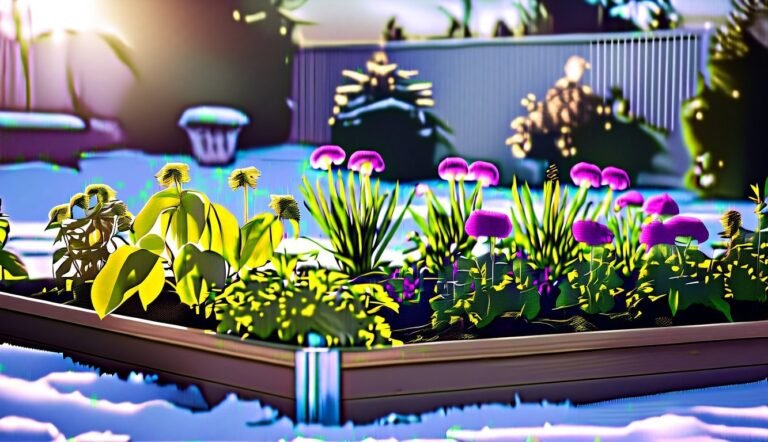 A raised garden bed with purple flowers and green foliage