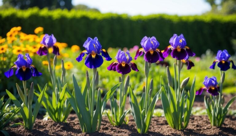 Purple and blue irises with yellow centers in a garden bed