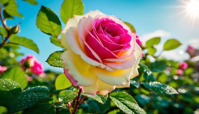 Close-up of a two-toned rose with pink center and yellow petals