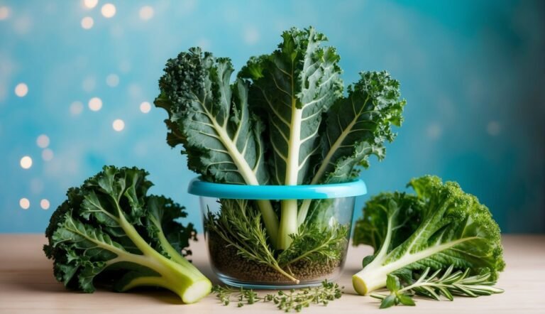 Fresh kale leaves in a glass bowl with herbs on a wooden surface