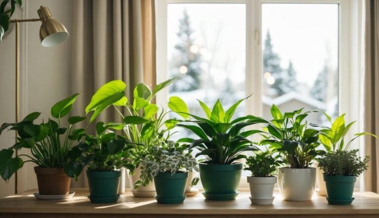 Various potted plants on a wooden table in front of a window